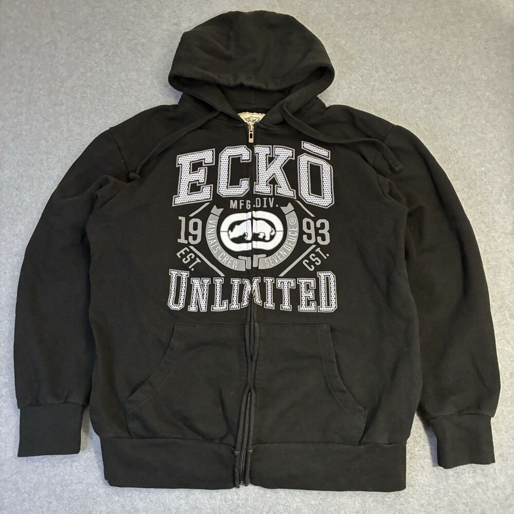 Men’s Ecko Unltd Y2K Zip Hoodie Large Black Graphic Logo Streetwear Hip Hop